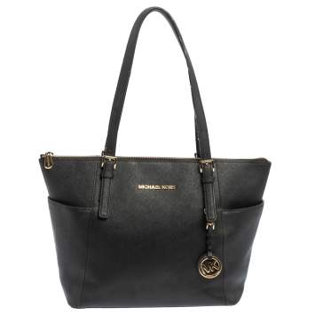 Pre Owned MICHAEL Michael Kors Black Leather Medium Jet Set Top Zip Tote