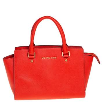 Pre Owned MICHAEL Michael Kors Red Saffiano Leather Medium Selma Tote