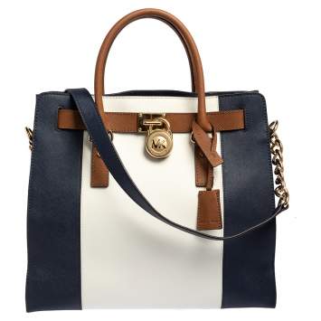 Pre Owned MICHAEL Michael Kors Blue/White Leather Large Hamilton North South Tote