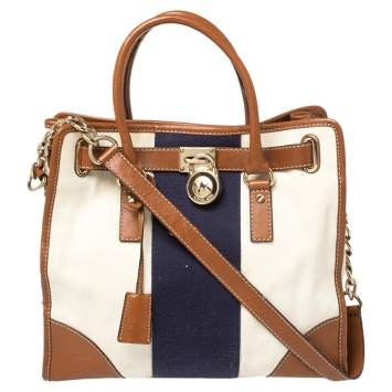Pre Owned MICHAEL Michael Kors Multicolor Color Leather and Canvas Large Hamilton Tote