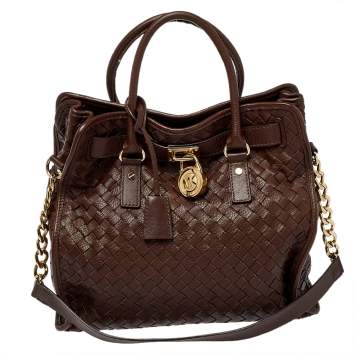 Pre Owned MICHAEL Michael Kors Dark Brown Woven Leather Large Hamilton North South Tote