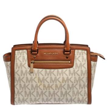 Pre Owned MICHAEL Michael Kors White/Brown Signature Coated Canvas and Leather Large Selma Tote