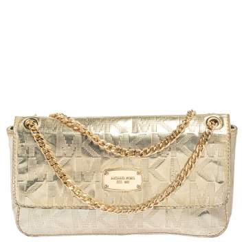 Pre Owned MICHAEL Michael Kors Metallic Gold Signature Leather Jet Set Shoulder Bag