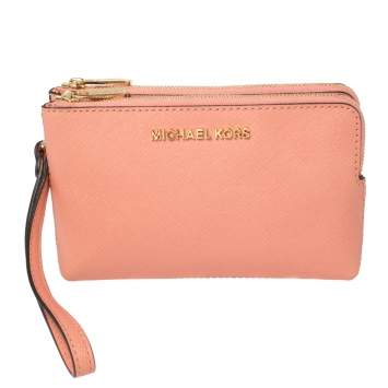 Pre Owned MICHAEL Michael Kors Pink Saffiano Leather Jet Set Double Gusset Wristlet Clutch