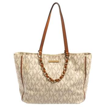 Pre Owned MICHAEL Michael Kors Cream Monogram Coated Canvas Double Handle Tote