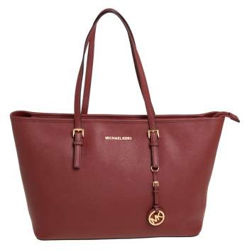 Pre Owned MICHAEL Michael Kors Dark Red Saffiano Leather Jet Set Travel Tote