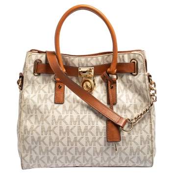 Pre Owned MICHAEL Michael Kors White Signature Coated Canvas and Leather Large Hamilton North South Tote