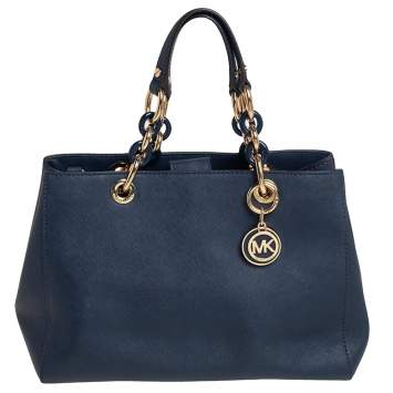 Pre Owned MICHAEL Michael Kors Navy Blue Leather Medium Cynthia Tote