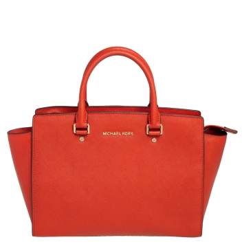 Pre Owned MICHAEL Michael Kors Orange Saffiano Leather Large Selma Tote