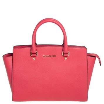 Pre Owned MICHAEL Michael Kors Coral Pink Saffiano Leather Large Selma Tote