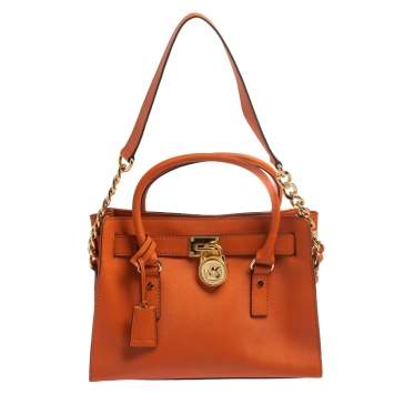 Pre Owned MICHAEL Michael Kors Orange Leather Medium Hamilton East West Tote