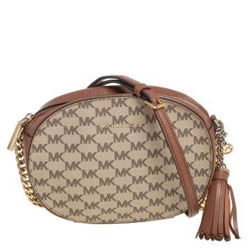 Pre Owned MICHAEL Michael Kors Beige/Tan Signature Coated Canvas and Leather Jet Set Crossbody Bag