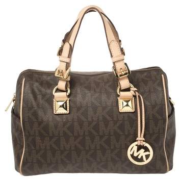Pre Owned MICHAEL Michael Kors Brown/Beige Signature Coated Canvas and Leather Grayson Boston Bag