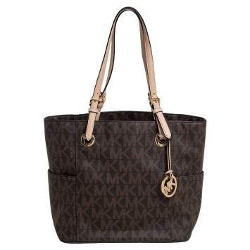 Pre Owned MICHAEL Michael Kors Brown Signature Coated Canvas and Leather Jet Set East West Tote
