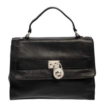 Pre Owned MICHAEL Michael Kors Black Pebbled Leather Padlock Flap Top Handle Bag