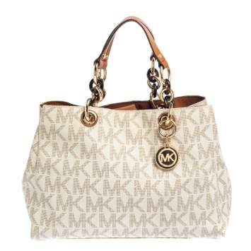 Pre Owned MICHAEL Michael Kors White Signature Coated Canvas Medium Cynthia Tote