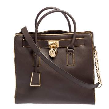 Pre Owned MICHAEL Michael Kors Brown/Gold Leather Large Hamilton North South Tote