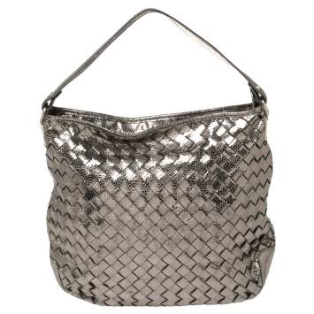 Pre Owned MICHAEL Michael Kors Metallic Silver Woven Leather Newbury Hobo