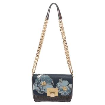 Pre Owned MICHAEL Michael Kors Blue/Brown Signature Coated Canvas and Leather Tina Crossbody Bag