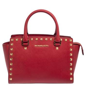 Pre Owned Michael Michael Kors Red Leather Medium Studded Selma Satchel