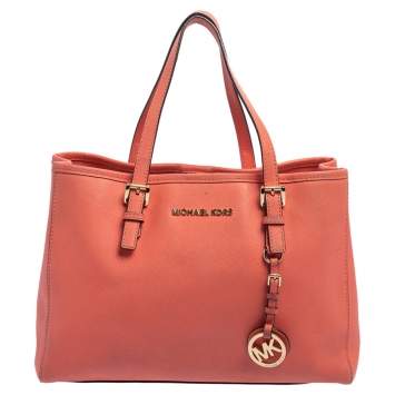Pre Owned MICHAEL Michael Kors Coral Saffiano Leather Medium Jet Set East West Tote 