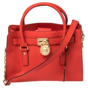 Pre Owned MICHAEL Michael Kors Red Leather Medium Hamilton East West Tote