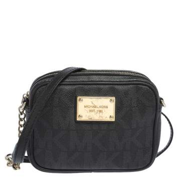 Pre Owned MICHAEL Michael Kors Black/Grey Signature Coated Canvas and Leather Mini Jet Set Crossbody Bag