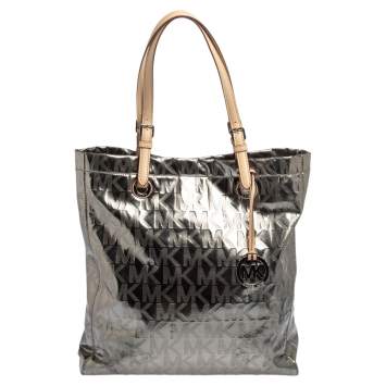 Pre Owned MICHAEL Michael Kors Metallic Silver Mirror Signature PVC and Leather North South Jet Set Tote