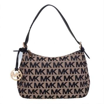 Pre Owned MICHAEL Michael Kors Beige/Black Signature Canvas and Leather Baguette