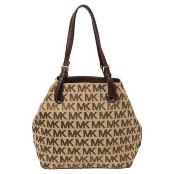 Pre Owned MICHAEL Michael Kors Beige/Brown Signature Canvas and Leather Jet Set Tote