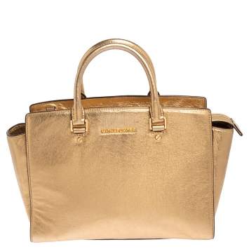 Pre Owned MICHAEL Michael Kors Metallic Gold Leather Large Selma Satchel