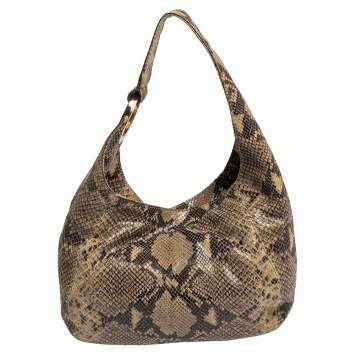Pre Owned Michael Michael Kors Beige/Black Python Effect Leather Fulton Hobo