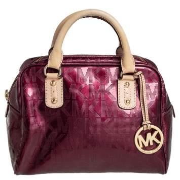 Pre Owned MICHAEL Michael Kors Burgundy Signature Patent Leather Logo Charm Satchel