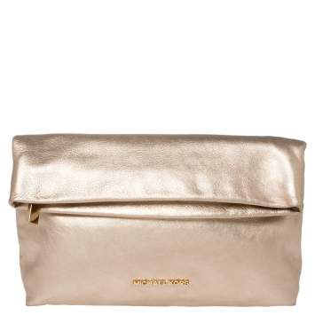 Pre Owned MICHAEL Michael Kors Gold Leather Daria Fold Over Clutch 