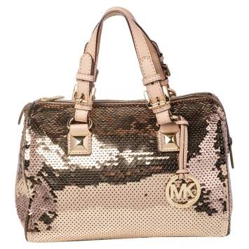 Pre Owned MICHAEL Michael Kors Gold Sequins and Leather Medium Grayson Boston Bag
