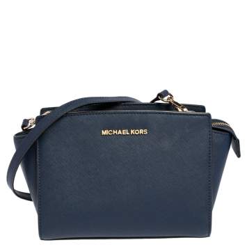 Pre Owned MICHAEL Michael Kors Navy Blue Leather Small Selma Crossbody Bag