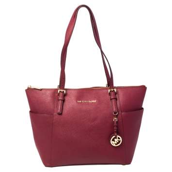 Pre Owned MICHAEL Michael Kors Burgundy Leather Large Jet Set Travel Tote