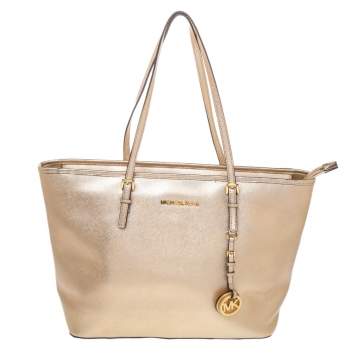 Pre Owned MICHAEL Michael Kors Metallic Gold Leather Large Jet Set Travel Tote
