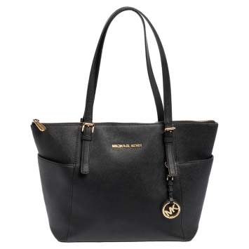 Pre Owned MICHAEL Michael Kors Black Leather Medium Jet Set Top Zip Tote