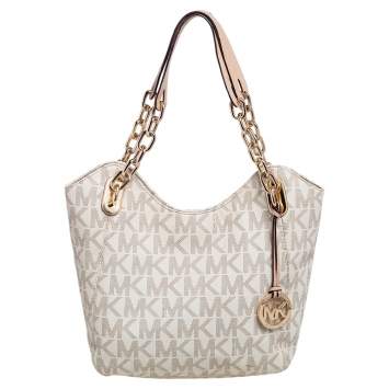 Pre Owned MICHAEL Michael Kors White/Beige Signature Coated Canvas and Leather Lilly Tote