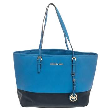 Pre Owned MICHAEL Michael Kors Blue Saffiano Leather Jet Set Shopper Tote