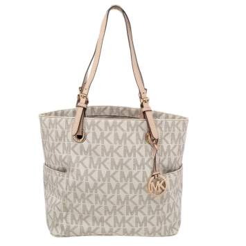 Pre Owned MICHAEL Michael Kors Beige Coated Canvas Jet Set Tote