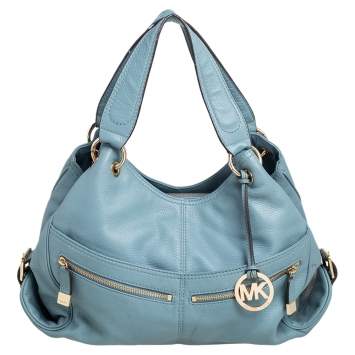 Pre Owned MICHAEL Michael Kors Stone Blue Leather Double Zip Hobo