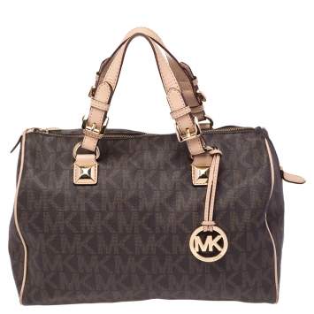 Pre Owned MICHAEL Michael Kors Brown/Beige Signature Coated Canvas and Leather Grayson Boston Bag