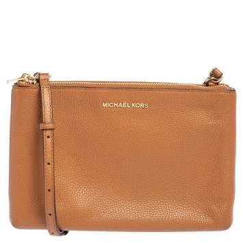 Pre Owned MICHAEL Michael Kors Brown Signature Coated Canvas and Leather Adele Double Zip Crossbody Bag
