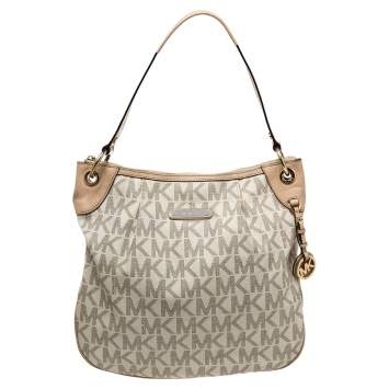 Pre Owned MICHAEL Michael Kors White/Beige Signature Coated Canvas and Leather Jet Set Hobo