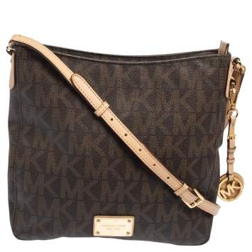 Pre Owned MICHAEL Michael Kors Brown/Beige Signature Coated Canvas and Leather Crossbody Bag