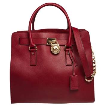 Pre Owned MICHAEL Michael Kors Red Saffiano Leather Large Hamilton North South Tote