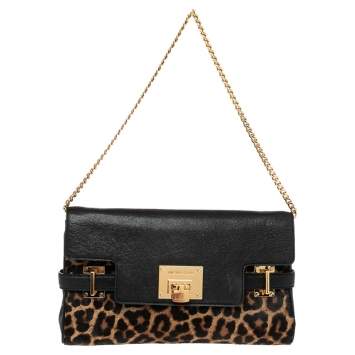 Pre Owned MICHAEL Michael Kors Brown/Black Leopard Print Calf Hair and Leather Chain Clutch