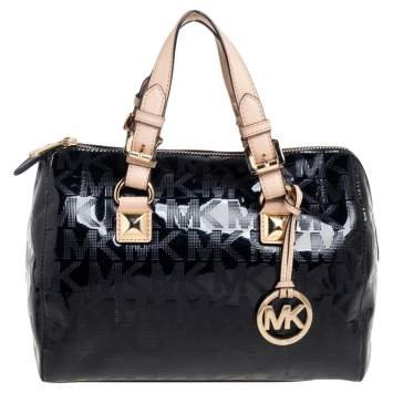 Pre Owned MICHAEL Michael Kors Black Signature Patent and Leather Grayson Satchel